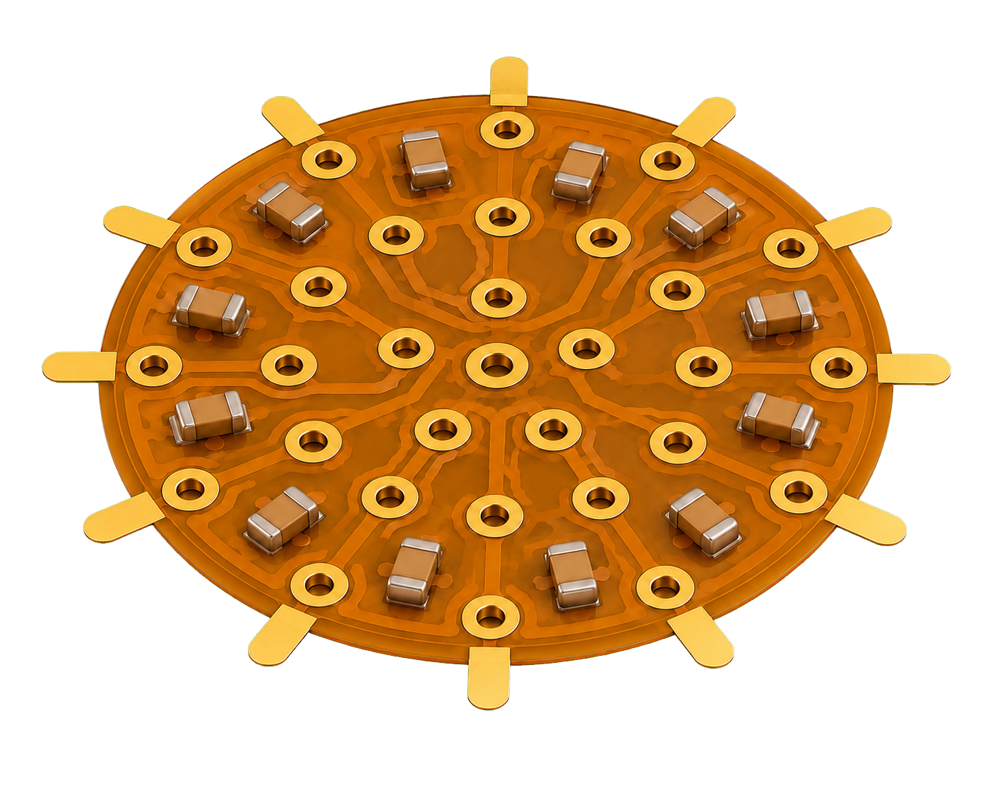 Simplified 3D concept model of an amber flex PCB press-in filter with flat rounded gold contact tabs